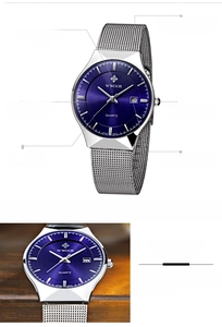Macro detail of men's minimalist quartz watch featuring a blue dial and mesh steel strap