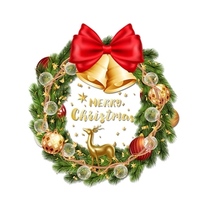 Christmas wreath with red bow, golden bells, and reindeer sticker for window decoration