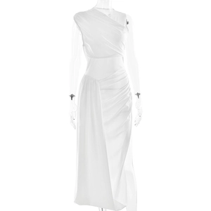 Detailed view of the asymmetrical one-shoulder white dress with elegant ruched draping