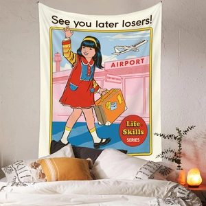Dettaglio di un arazzo vintage a fumetti con arte aeroportuale e citazione ironica