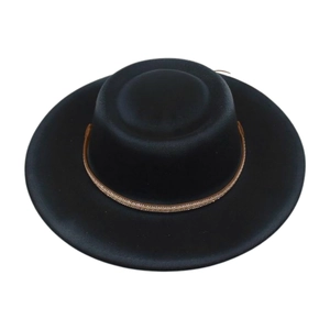 Detail of a black wool felt fedora featuring a decorative gold metal chain trim