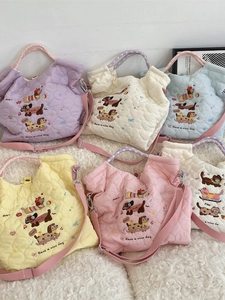 Quilted Tote Bag Heart Embroidery Cartoon Dog Cat Large Capacity Shoulder Crossbody Handbag Casual Commuter Japanese Style