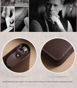 Detail of brown leather card holder featuring handcrafted stitching and metal rivet zipper