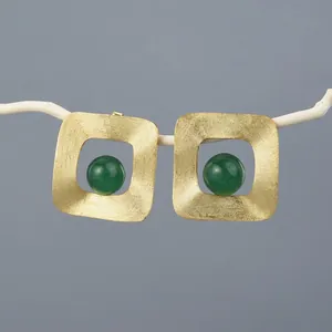 Handmade Minimalist Geometric Square Stud Earrings With Natural Stone And 925 Sterling Silver Earring Post For Women