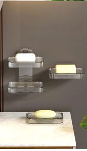 Dual-use transparent grey acrylic soap dish with wall-mount and countertop options