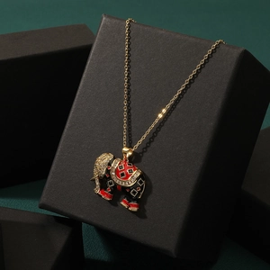 Vintage elephant pendant necklace with red and black enamel and sparkling crystals