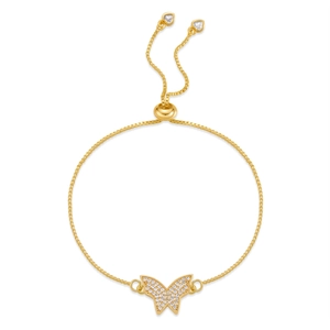 Detailed macro view of a gold-plated butterfly bracelet with zircon inlay and slider buckle