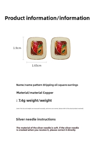Detail view of vintage enamel square earrings featuring tricolor red yellow green patterns
