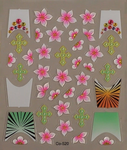 Detailed 3D nail art sticker sheet featuring gradient flowers, crosses and gems