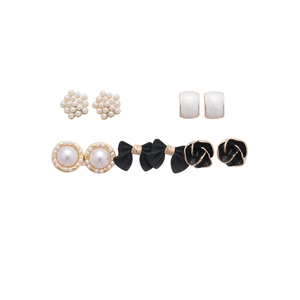 10-piece vintage pearl and floral stud earrings set with enamel butterfly bow designs