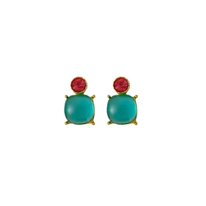 Vintage style square rhinestone buckle earrings with red and blue-green color block gemstones