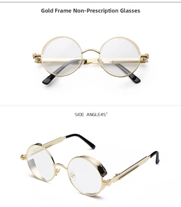 Detail of gold metal punk sunglasses with spring hinge and circular frame design