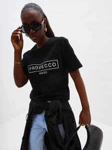 Detail of Prosecco Mood white letter print on black cotton short sleeve t-shirt
