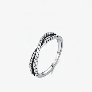 925 Sterling Silver Ring Vintage Twist Crisscross Pave Cubic Zirconia Stackable Minimalist Jewelry Gift For Women