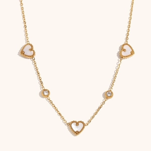 18K gold-plated stainless steel necklace with heart-shaped shell pendants and zircons