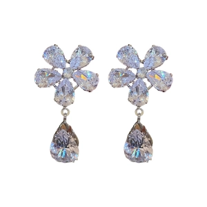 Elegant silver flower earrings with teardrop zircons and sparkling crystal pendants