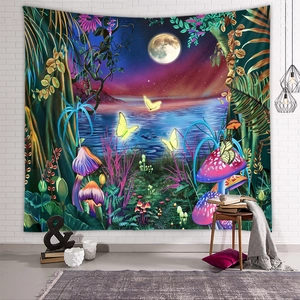 Fantasy forest tapestry with colorful mushrooms and full moon for room wall decor