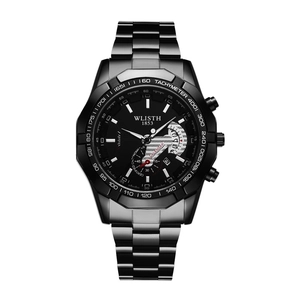 Montre à quartz pour hommes avec bracelet en métal noir, tachymètre et dateur intégré