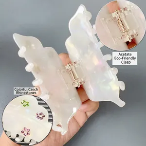 Large pearl white acetate shark hair claw clip with colorful rhinestones for women