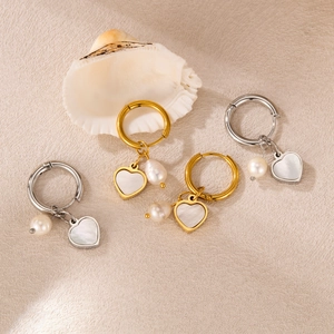 Fashionable heart shell and pearl drop earrings in gold and silver stainless steel