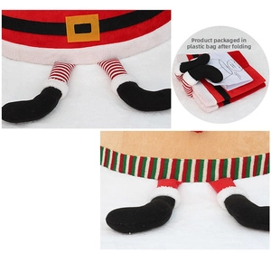 Detail of Christmas tree skirts with elf legs and Santa belt patterns in red and khaki