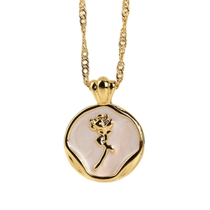 Vintage stainless steel gold rose pendant necklace with white enamel tulip flower detail