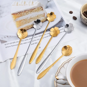 Set of 6 gold and silver stainless steel spoons with cherry blossom and rose flower shapes