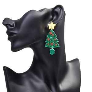 Sparkly green acrylic Christmas tree earrings with golden star and festive gift charms