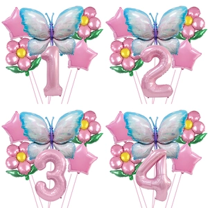 Detailed set of butterfly and flower foil balloons with giant pink number for birthday party