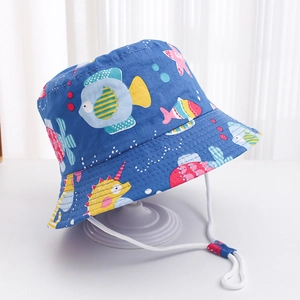 Close-up of kids sun hat with cartoon marine life print and adjustable windproof rope