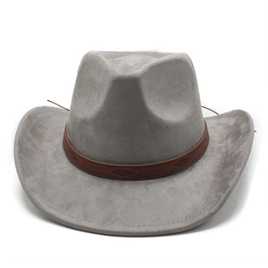 Detailed view of gray suede western cowboy hat with embossed brown leather band