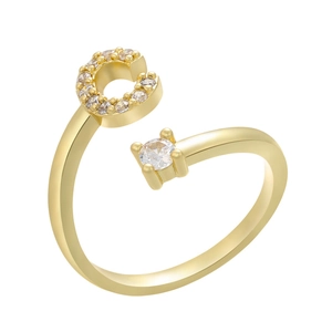 Macro shot of gold-plated open ring with micro-pave letter C and a round solitaire zircon