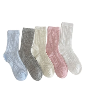 Five pairs of ultra-thin breathable mesh crew socks in pastel colors with hollow knit