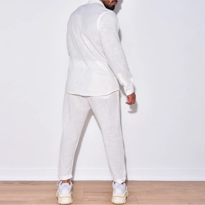Men's white linen casual two-piece set featuring long sleeve shirt and trousers back view