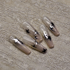 Close-up of Japanese style embossed nail stickers featuring silver laser star patterns