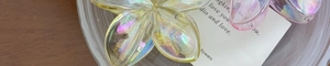 Close-up of iridescent frangipani hair claws with a colorful gradient finish on a tray