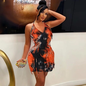 Sexy halter v-neck mini dress with abstract print and fringe tassels for summer parties
