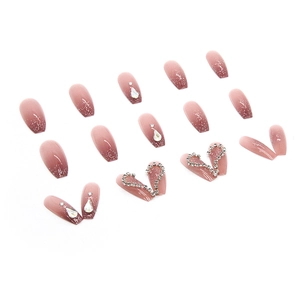 Pink and purple gradient long coffin press-on nails with sparkling rhinestones and heart gems