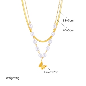 Double-layer gold titanium steel necklace with a matte butterfly and pearl pendant