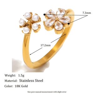 18K gold plated stainless steel open ring with zircon and pearl flower accents