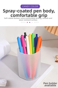 Close-up of pastel macaron gel pens in a desktop organizer with soft touch texture