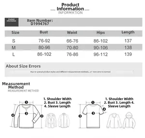 Detailed size chart for floral lace-up dress with measurements in S, M, and L sizes
