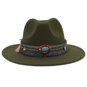 Detail of dark green wool fedora with ethnic beaded band and turquoise stone ornament