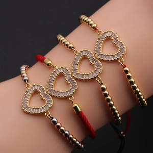 Copper Zircon Heart Charm Bracelet Adjustable Braided Rope Bead Chain Romantic Jewelry Gift For Women