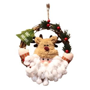 Festive Christmas wreath with Santa Claus and reindeer dolls featuring HO HO HO sign