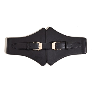 Elastic wide black waist belt with double gold buckles for coats and shirts