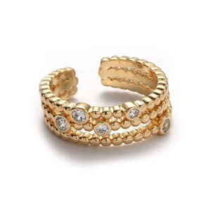 Three-layer gold beaded open ring with sparkling zircon stones in a modern minimalist style