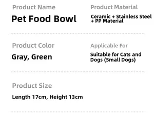Detailed size and material specs for the ergonomic ceramic and steel pet bowl