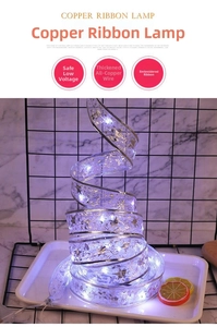 Detail of LED copper wire lights embedded in white embroidered star ribbon with soft glow