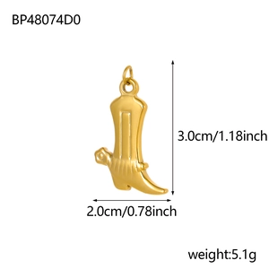 Polished gold boot pendant dimensions showing 3.0cm height and 2.0cm width measurements